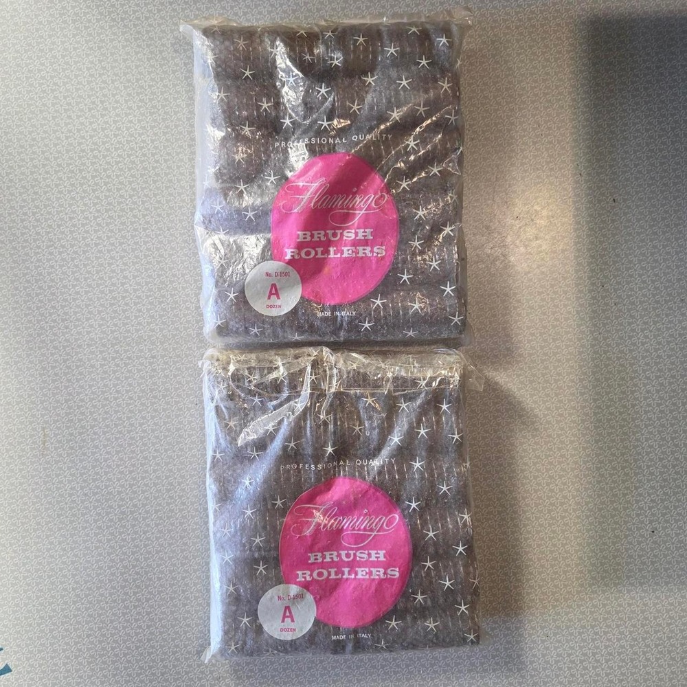 Vintage 1970s Flamingo Brush Rollers Made in Italy Grey 24 Count NIP D-1501